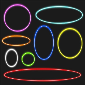 Round neon frames, glowing border set, isolated vector illustration.