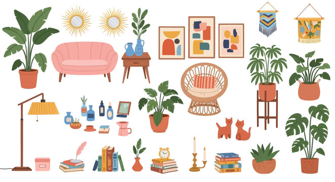 Colorful home decor items and furniture, bohemian interior design concept, background
