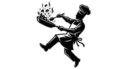 Obraz premium Chef Cooking Silhouette | Energetic Cook with Frying Pan and Flames | Editable Graphic for Culinary, Restaurant, and Creative Design Projects