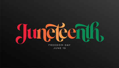 Colorful Juneteenth typography celebrating freedom day on a dark background © vectyx2