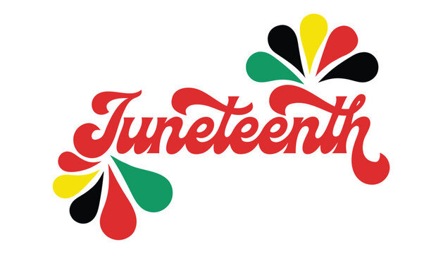 Colorful Juneteenth text design with decorative petals in red yellow green