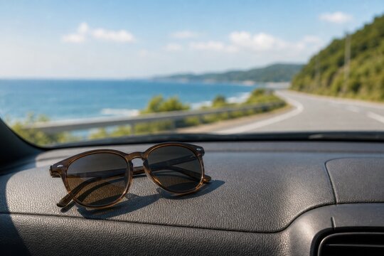車内のサングラスと海沿いロードの夏景色