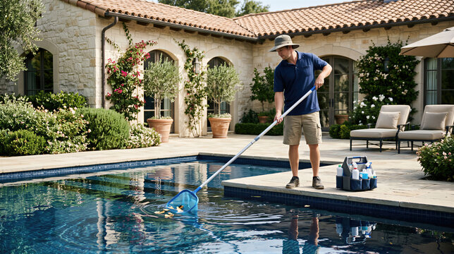 Pool cleaner using skimmer net to remove debris from water. Professional maintenance worker cleaning residential swimming pool. Outdoor backyard home service and maintenance concept.