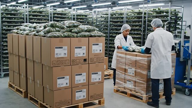 Cannabis production facility workers package marijuana for distribution.