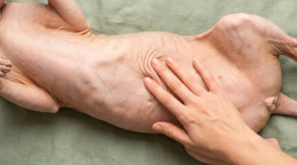 Fototapeta premium A hand gently caresses the smooth belly of a hairless animal resting on a soft green surface, showcasing a unique texture and gentle companionship.