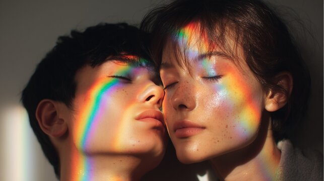 Young couple with soft rainbow prism light, Pride Month concept