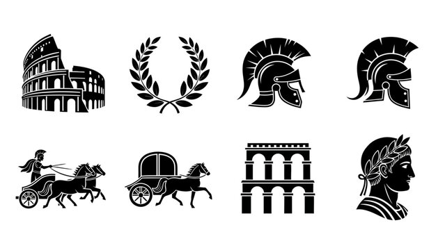 Ancient Rome Silhouette Set | Colosseum, Laurel Wreaths, Soldiers, and Chariots | Editable Vector for History, Culture, and Classical Design Projects