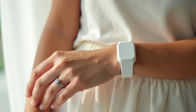Woman wears white bracelet on wrist. Device offers cooling sensation for menopause symptom relief. Modern femtech helps women manage hot flashes discreetly, improving daily comfort and well-being.