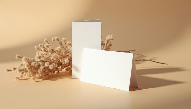 Blank white cards arranged with dried lagurus grass, thin branches on soft beige background. Overhead shot, minimalist style, neutral tones, ideal for branding, wedding invites greeting cards
