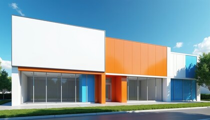 Obraz premium Modern retail building facade features large blank billboard space. Empty storefront with glass windows and doors. Bright orange and blue panels decorate building exterior. Clean design.
