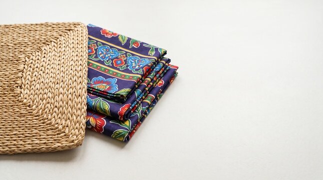 A woven straw placemat lies next to a stack of folded fabric napkins with a floral pattern