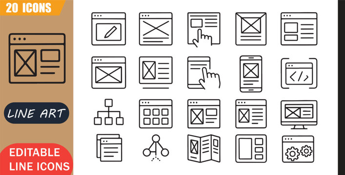 Isolated wireframe icons set, 20 editable line art icons set, webdesign wireframe prototype, ui ux website, layout planning digital, creative theme style, clean outline vector