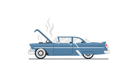 Obraz premium Vintage blue car with open hood and steam, breakdown, retro automobile