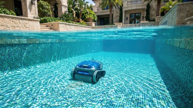 Automatic pool cleaner robot scrubbing tile underwater in residential backyard. Modern technology for efficient swimming pool maintenance. Underwater equipment for clean water quality.