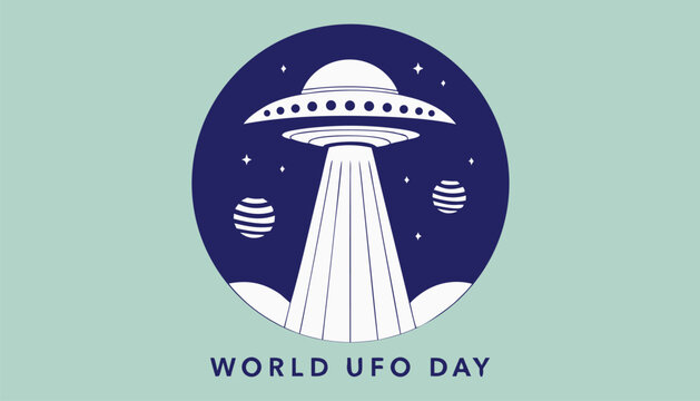 Minimalist blue graphic illustration featuring a white flying saucer ufo