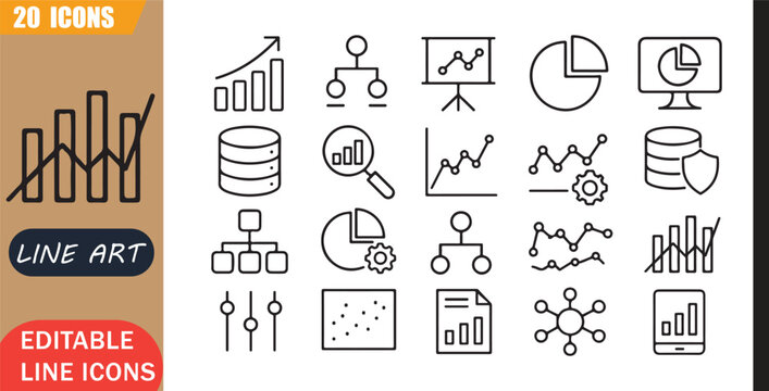 Isolated big data icons set, 20 editable line art icons set, dataanalysis bigdata analytics, statistics database business, information metrics technology, report theme style, clean outline vector