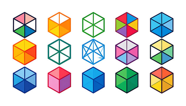 collection of pixel art cubes in various solid colors and wireframe designs, abstract geometric shapes