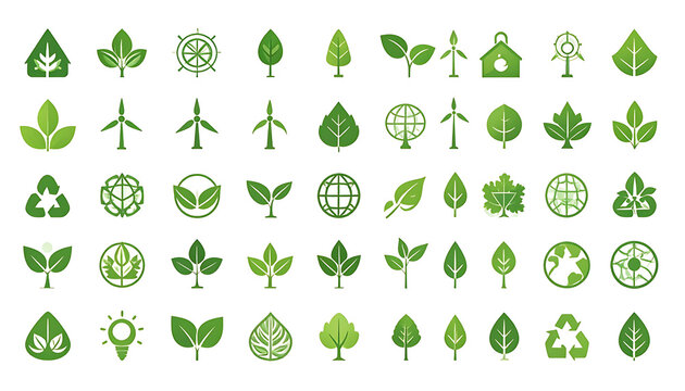 Collection of pixel art eco-friendly icons, leaves, trees, wind turbines, and recycling symbols, clean energy and nature conservation
