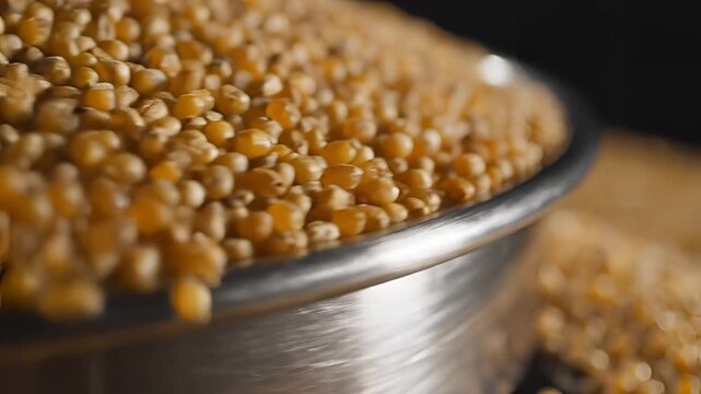 Closeup of dried corn kernels in a metal bowl food ingredient.