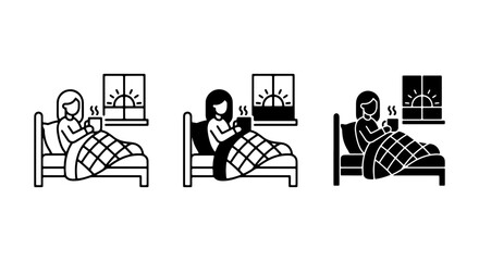 Fototapeta premium Woman Reading in Bed with Coffee, Morning Sunrise Window Icon Set, Cozy Lifestyle Vector Graphics