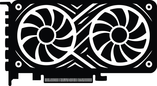 Modern computer graphics card featuring dual cooling fans with high performance hardware design rendered in a flat style on white background