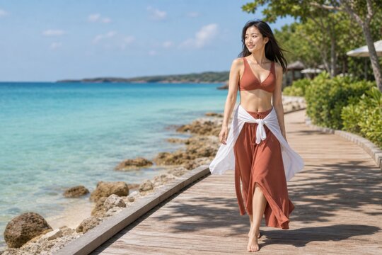 海沿いの遊歩道を歩くリゾート服の女性
