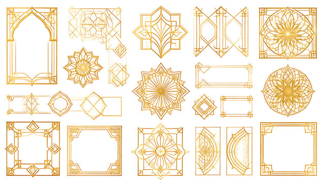collection of golden ornate geometric frames and decorative elements, art deco style, perfect for invitations or borders