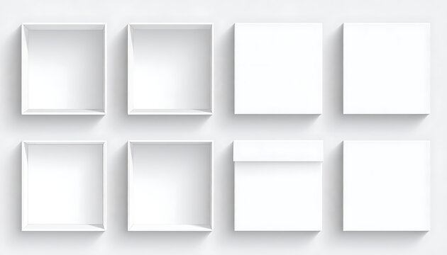 Collection of open and closed white cardboard boxes with lids, realistic 3d render, isolated on light gray background, copy space for packaging design and product presentation