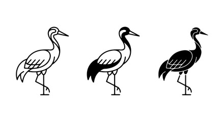 Fototapeta premium Elegant Crane Bird Icons, Minimalist Black and White Avian Vector Set, Wildlife Symbol Graphics