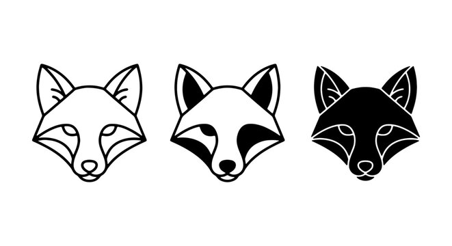 Minimalist fox head vector icon set, modern animal illustration, black and white graphic resource