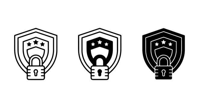 Cybersecurity shield and padlock icon set, digital data protection, secure network vector