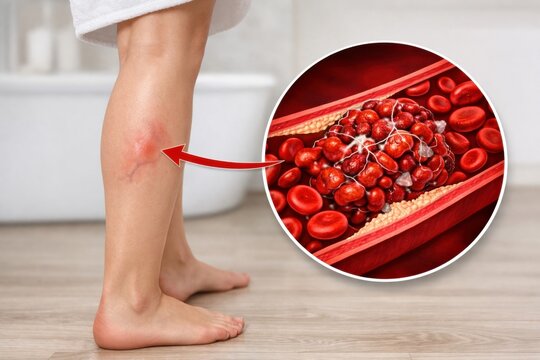 Deepvein thrombosis bloodclot circulation vascular medical illustration of female adult leg with inflamed vein and artery blockage cross section anatomy