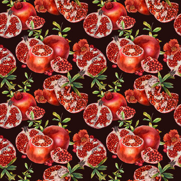Watercolor seamless pattern whole pomegranates open fruit seeds flowers buds and leaves on a white background. Illustration for packaging kitchen decor cosmetics Jewish holidays and Rosh Hashanah