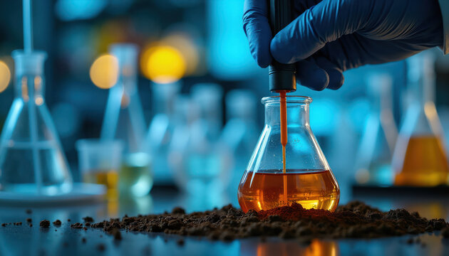 Scientist hand in blue glove uses pH probe in lab. Testing soil liquid in glass flask with lab equipment background. Analyzing chemistry for farming or garden.