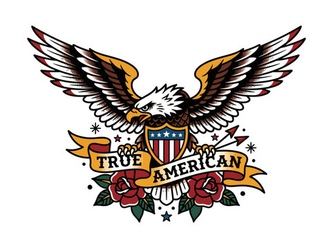 American Eagle Tattoo Art: A classic tattoo design featuring a powerful eagle with outstretched wings, holding a shield and banner with the words True American, surrounded by roses and stars.