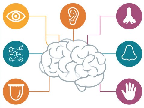 Illustration showing five senses as circular icons linked to a simplified brain shape with icons for eye ear nose tongue and hand in bright colors.