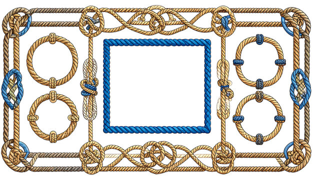 Decorative rope frame with nautical knots and blue inner border, ornate nautical border with circular accents, maritime design elements