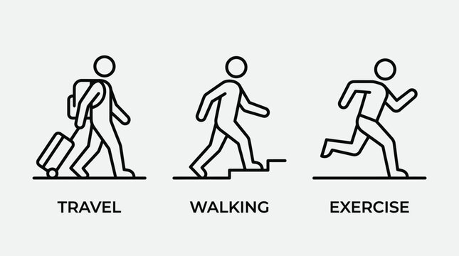 Three figures representing travel walking and exercise in line art style.