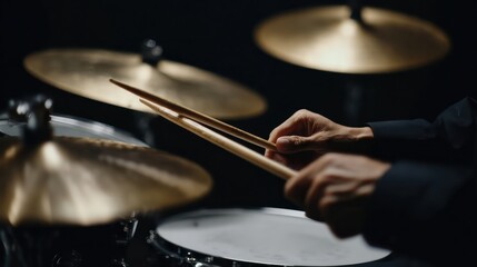 Obraz premium Close-up of hands playing drum kit with drumsticks, music performance, rhythmic beat