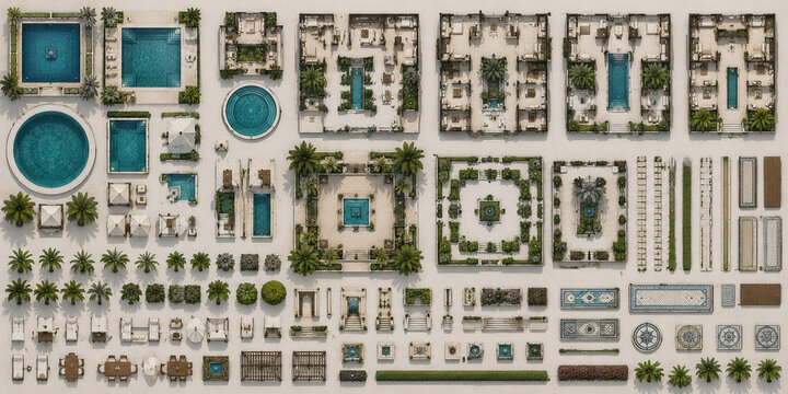 Top view architectural geometry asset pack with square pools, circular forms and modular resort structures