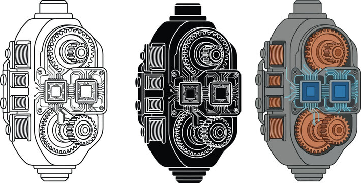 Complex futuristic mechanical device with intricate gears and glowing circuits a detailed vector illustration in three styles ideal for sci-