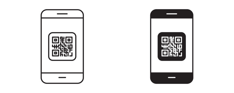 Mobile QR Scanner Icon Set, Outline Style & Solid Icons, Vector Illustration