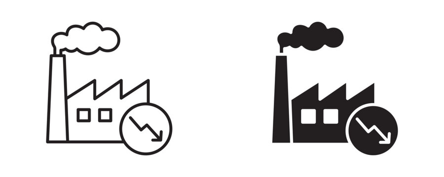 Industrial Production Decline Icon Set, Outline Style & Solid Icons, Vector Illustration