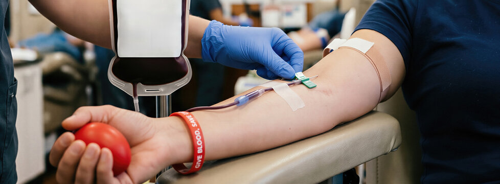 Nurse performing blood donation from woman donor. Medical procedure of collecting plasma for World Blood Donor Day. Banner with copy space