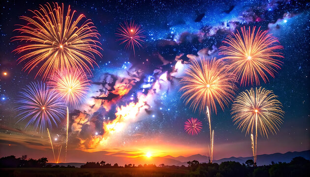 Colorful fireworks exploding in night sky above distant hills and sunset glow, festive celebration and new year's eve