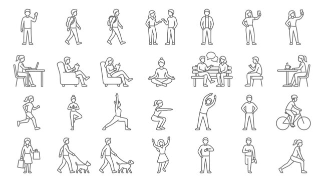 Collection of simple line drawings depicting people in various activities and poses.