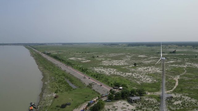 Wide drone view of Jamuna River and surrounding landscape Bangladesh 4K