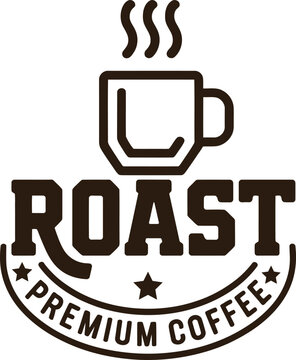 Close-up of steaming coffee cup with roast logo on white background