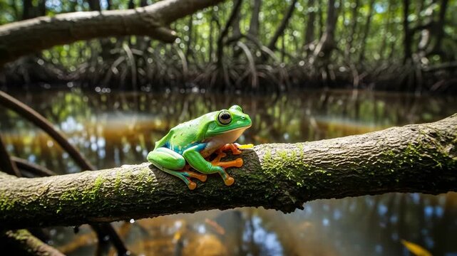 Green tree frog perched on a mossy branch in a mangrove forest