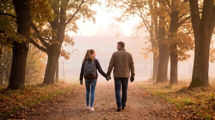 Fototapeta premium Couple Walk Hand in Hand Down a Leafy Path on a Misty Autumn Morning with Golden Trees